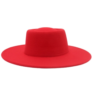 Classic red wide brim wool felt fedora hat with flat top for men and women