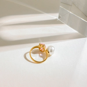 Minimalist 18K gold stainless steel open ring with pink zircon and white round pearl