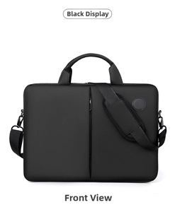 Front view of black laptop briefcase with padded handles and adjustable shoulder strap