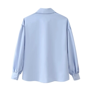 Detail view of the light blue long-sleeved shirt back with clean woven fabric texture