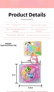 Detail view of mini rotating fishing game keychain with PVC case and dimensions