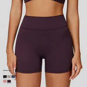 Hoch taillierte, gebürstete, nahtlose Yoga-Shorts für Damen in Dunkelviolett für Fitness