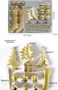 Detailed view of 38pcs gold Christmas ornaments set with various shapes and sizes