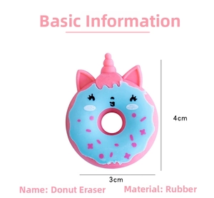 Detailed view of unicorn donut eraser in pink and blue with 4x3cm size markers