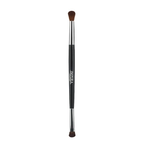 Dual-ended makeup brush with fluffy blending bristles and flat eyeshadow tip on white background