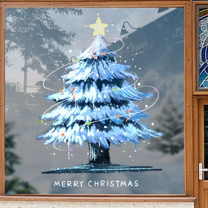 Blue hand-painted Christmas tree static window sticker with Merry Christmas lettering