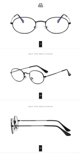 Detailed views of vintage oval metal sunglasses with black frames and slim temples