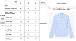 Tableau des tailles détaillé pour chemisier femme à manches longues en 100% polyester