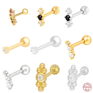 925 Sterling Silver Ear Cartilage Piercing Stud Earring Geometric Zirconia Threaded Ball Back Elegant Jewelry For Women