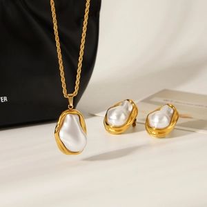 French vintage baroque pearl necklace and earring set in gold stainless steel