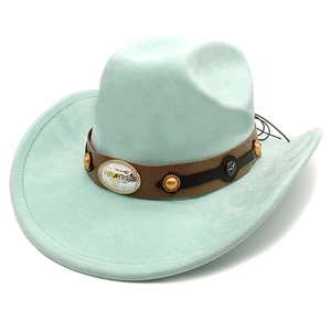 Detail of mint green suede cowboy hat with bull head buckle and star studs