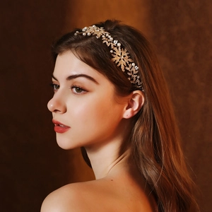 Bridal Headband Golden Alloy Flower Leaf Snowflake Rhinestone Imitation Artificial Pearl White Ribbon Accessory Wedding Hair Styling