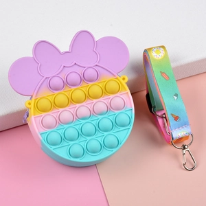 Kids silicone pop it purse featuring a cute mouse design with colorful rainbow strap