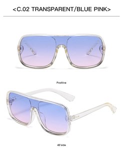 Detail view of large sunglasses featuring transparent frames and blue-pink gradient lenses