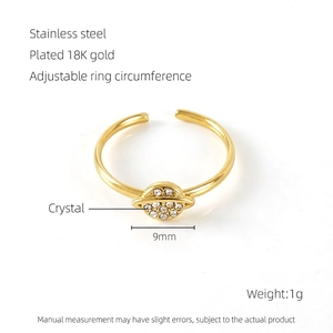 Detail of 18k gold plated planet ring with 9mm crystal and adjustable open band