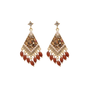 Vintage gold diamond rhombus crystal tassel earrings with brown stones and pearl border