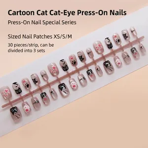 Cat Eye Press On Nagels Cartoon Kat Poot Hart Patroon Kort T-Vorm Afneembaar Zoete Stijl ABS Kunststof Kunstnagels