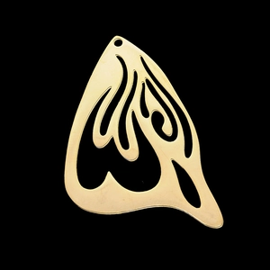 Detailed view of an irregular hollow gold-plated metal pendant with abstract curves