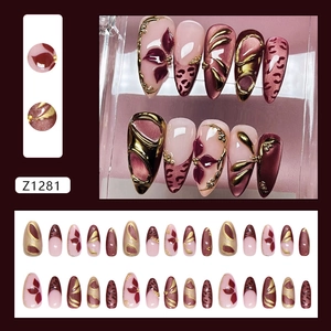 French retro leopard print press-on nails with 3D embossed flowers and cat eye finish