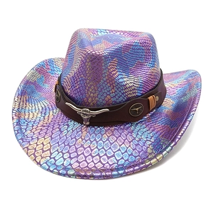 Colorful snake-pattern cowboy hat with metallic sheen and silver bull head emblem