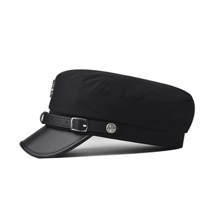 Classic black nautical cadet cap with PU leather brim and silver anchor side buttons