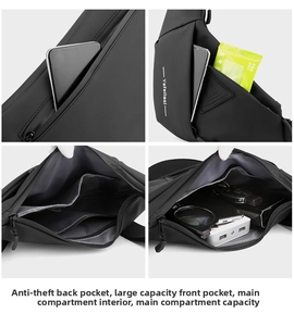 Detail view of waterproof chest bag showing multi-layer compartments and storage space