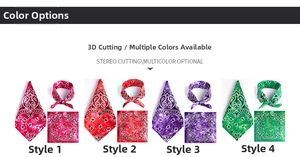 Detailed view of colorful paisley cotton bandanas in rose, red, purple and green hues