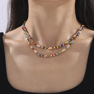 Bohemian style double-layer titanium necklace with colorful stones and gold beads