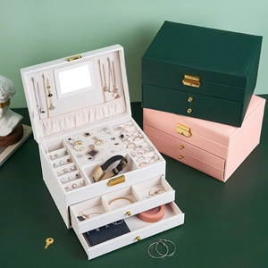 Detail of multi-layer jewelry box showing compartments, ring slots and necklace hooks