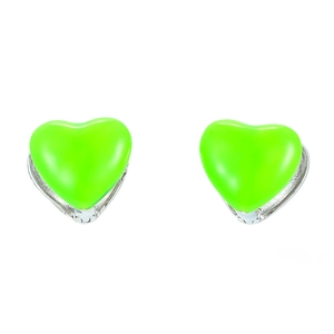 Detailed view of neon green heart-shaped stud earrings with polished silver metal backing