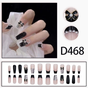 Französischer Stil Press-on Nägel mit schwarzer Schleife, Perlen und Glitzer D468