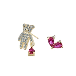 Asymmetric gold teddy bear stud earrings with pink drop crystals and sparkling zircons