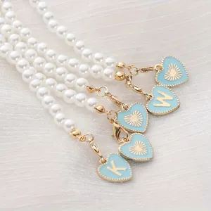 Pearl chain keychain for Stanley cup with blue heart initial letter charms and gold clasp
