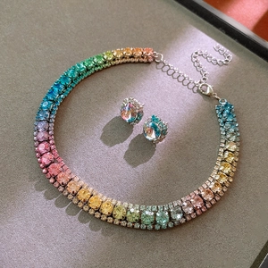 Nahaufnahme des Regenbogen-Strass-Halsketten-Sets mit passenden Ohrsteckern in Silber