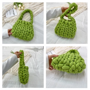 Detailed views of a green chunky knit handbag with a soft textured handmade finish
