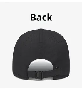 Detail of breathable black mesh baseball cap showing adjustable back strap and buckle