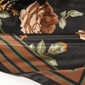 90cm satin square scarf featuring vintage rose floral patterns and geometric stripes