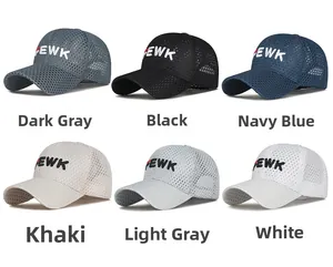 Detailed grid of six breathable mesh baseball caps in various colors with EWK embroidery