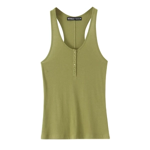 Olive green ribbed knit tank top with decorative buttons on a minimalist white background