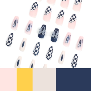 Blue checkerboard coffin fake nails with pearl accents and grey 3D bow decoration