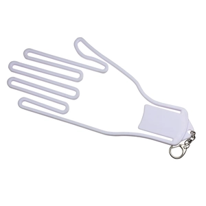 White plastic hand-shaped golf glove stretcher with hollow design and metal keychain ring