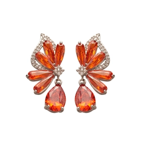 Elegant butterfly wing stud earrings with orange zircon and silver finish for women