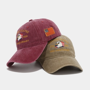 250th Anniversary eagle baseball caps in burgundy and green with vintage wash