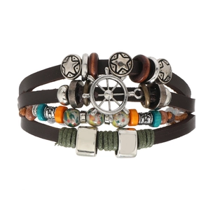 Retro multi-layer leather bracelet with nautical charms, wooden beads, and ceramic stars