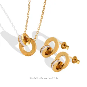 Roman Numeral Double Interlocking Ring Necklace And Earrings Jewelry Titanium Steel 18K Gold Plated Cubic Zirconia Fashion For Women