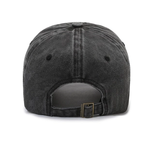 Back view of a black washed cotton baseball cap with adjustable metal buckle on white background