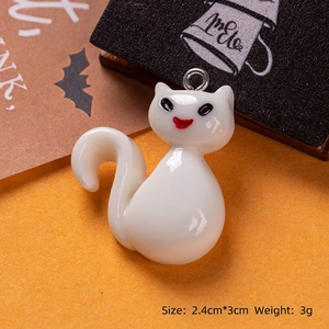 Detail of white cat resin pendant with silver loop for Halloween DIY jewelry making