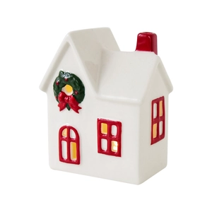 White ceramic Christmas house decor with LED warm light and red chimney accents