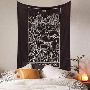 Bohemian black and white The Empress tarot card tapestry hanging as a bedroom wall backdrop