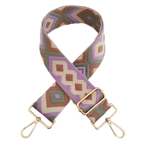 Detail of bohemian geometric jacquard bag strap with golden metal swivel hooks